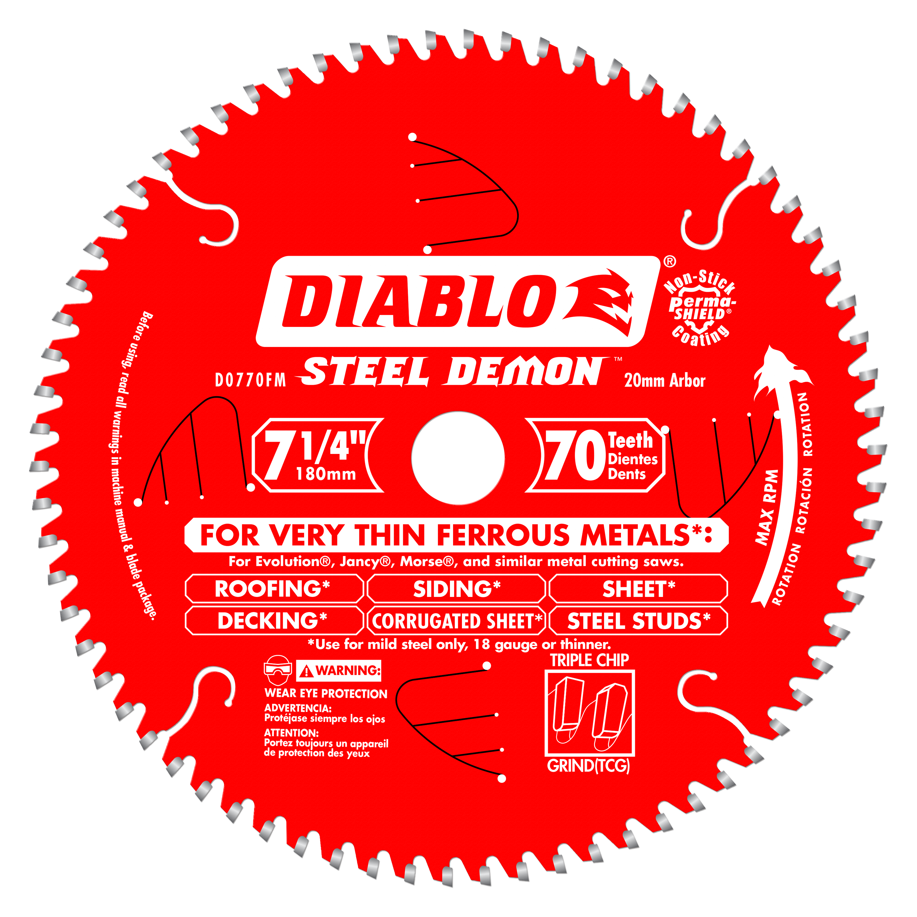 Red circular saw blade with 70 carbide-tipped teeth, 7 1/4 inch diameter, 20mm arbor hole, labeled Steel Demon.