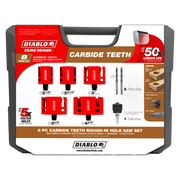 Diablo Demo Demon 8-piece carbide teeth hole saw kit in plastic carrying case with five red saws, mandrel, and two pilot bits
