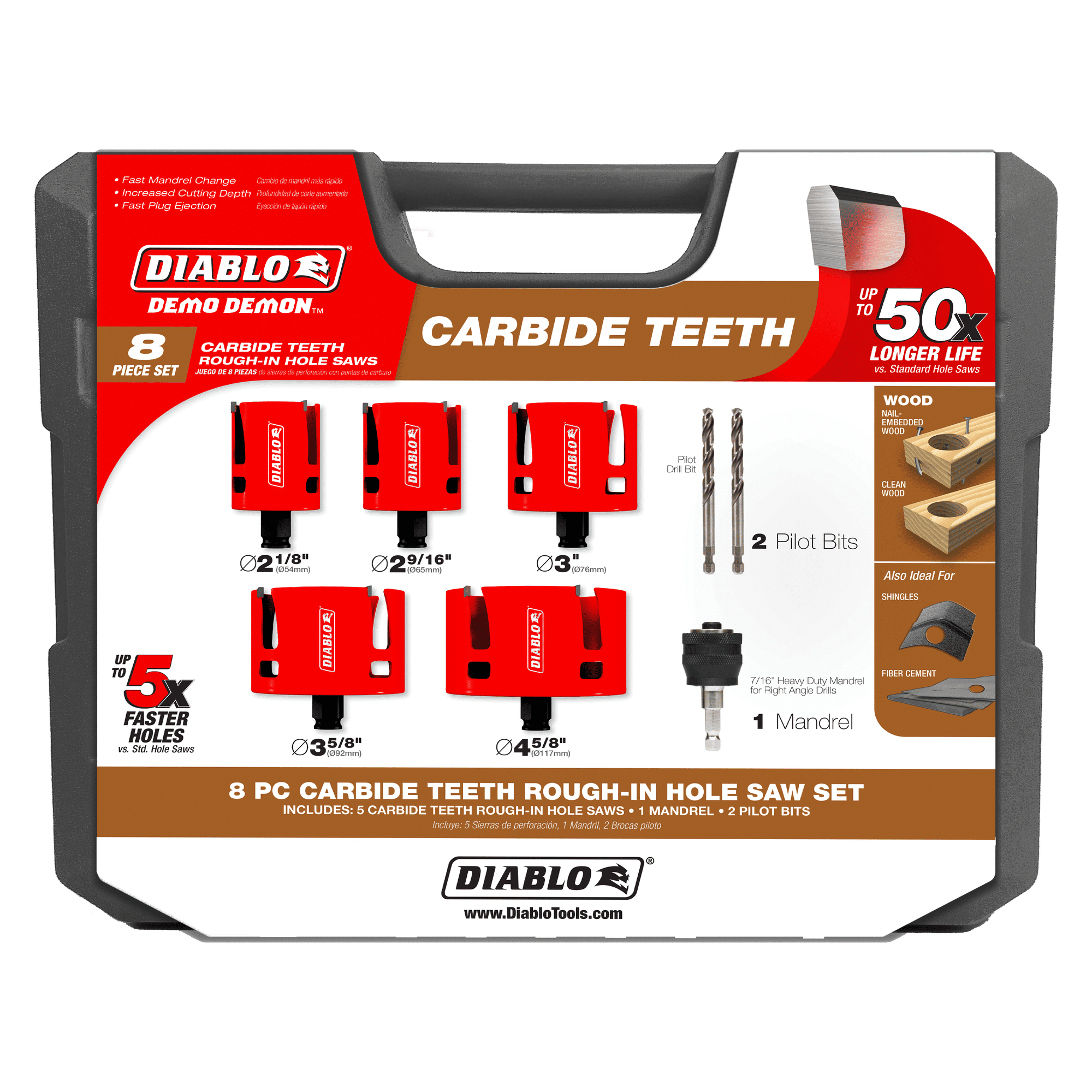 Diablo Demo Demon 8-piece carbide teeth hole saw kit in plastic carrying case with five red saws, mandrel, and two pilot bits