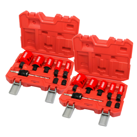 Two red plastic cases containing bi-metal hole saw sets with various sized circular saw bits and black arbors.