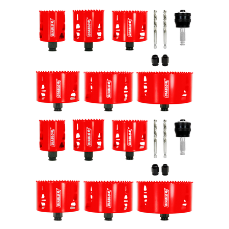 Red bi-metal hole saws in various sizes with arbors and pilot bits arranged in rows.