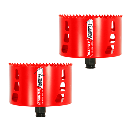Two red carbide teeth hole saws with black bases and serrated cutting edges.
