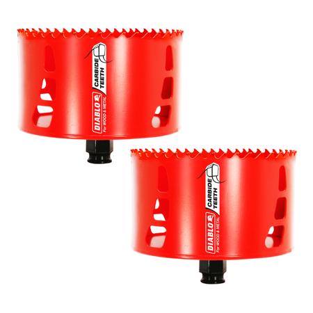 Two red Diablo carbide teeth hole saws with black arbors and serrated cutting edges.