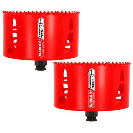 Two red Diablo carbide teeth hole saws with black arbors and ventilation slots on cylindrical bodies.