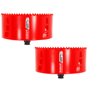 Two red cylindrical hole saws with carbide teeth and black center arbors.