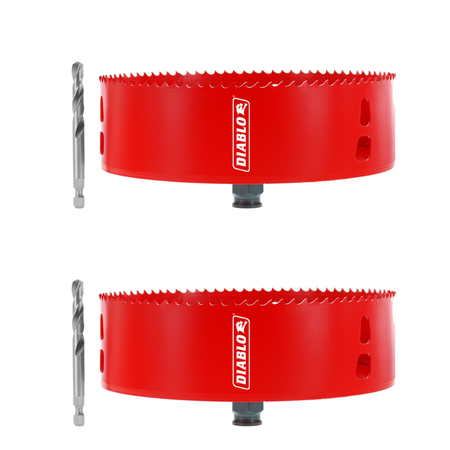 Two red recessed lighting hole saws with serrated edges and gray pilot drill bits.