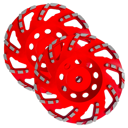 Two red diamond cup wheels with gray segmented rims and white cutout holes for masonry grinding.