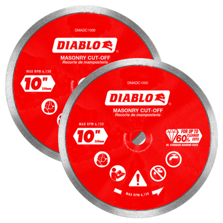 Two red Diablo diamond continuous rim cut-off discs with gray edges, 10 inches diameter, labeled for masonry cutting.