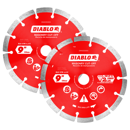 Two red Diablo diamond segmented cut-off discs with gray cutting teeth, 9 inches diameter, for masonry applications.