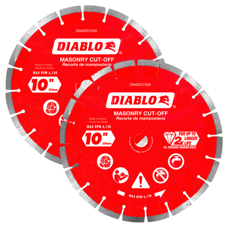 Two red Diablo masonry cut-off discs with segmented diamond edges and gray segments around the perimeter.