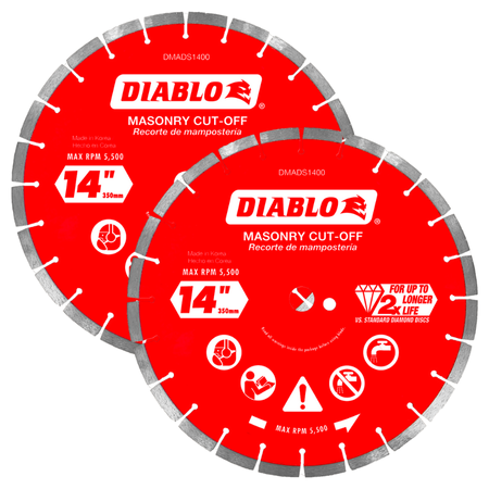 Two red Diablo masonry cut-off discs with gray segmented edges and safety markings.