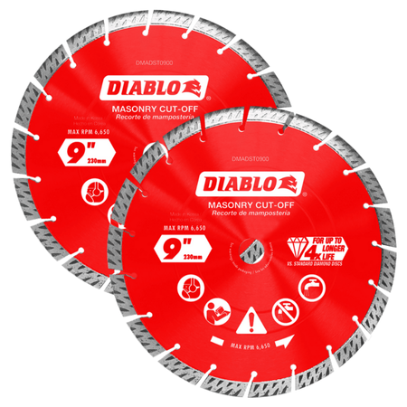 Two red Diablo diamond segmented masonry cut-off discs with silver teeth and center holes.