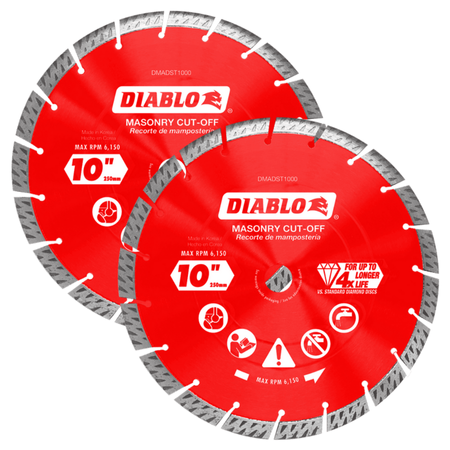 Two red diamond segmented cut-off discs with gray diamond teeth around the rim and white Diablo branding.
