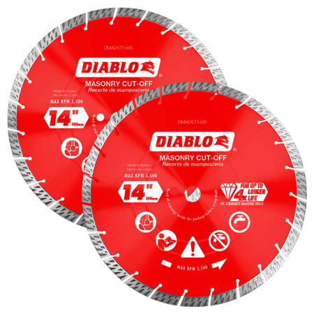 Two red Diablo 14-inch diamond segmented masonry cut-off discs with silver segmented rims.