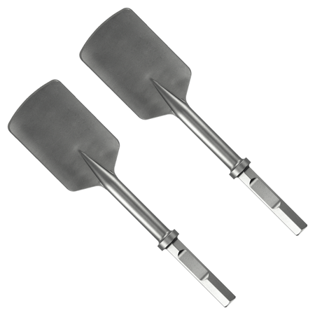 Two gray hex asphalt cutter bits with metal shanks and flat cutting heads.