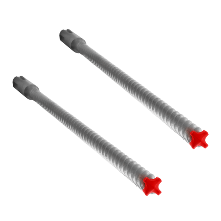 Two gray SDS-Max hammer drill bits with ribbed shafts and red four-cutter carbide heads.