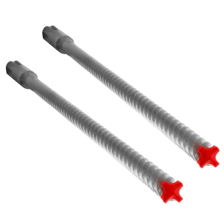 Two SDS-Max hammer drill bits with carbide cutting heads and red star-shaped tips.
