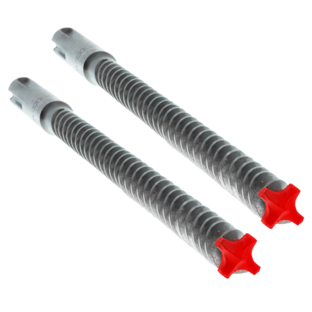 Two SDS-Max hammer drill bits with helical flutes, gray shafts, and red four-cutter carbide heads.