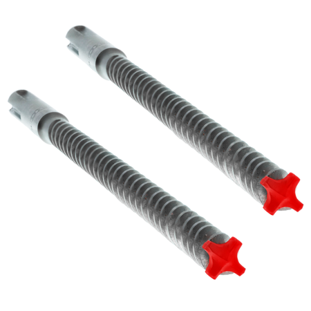 Two SDS-Max hammer drill bits with grooved metal shafts and red carbide cutting heads.