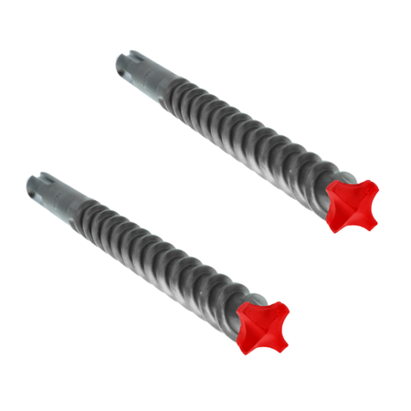 Two SDS-Max hammer drill bits with carbide cutting heads and red grip handles.