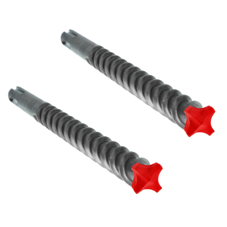 Two SDS-Max hammer drill bits with ribbed gray shafts and red star-shaped carbide heads.