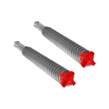 Two SDS-Max hammer drill bits with gray fluted shanks and red carbide cutting heads.