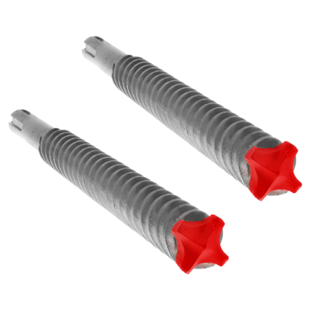 Two SDS-Max hammer drill bits with ribbed gray shanks and red carbide cutting heads.
