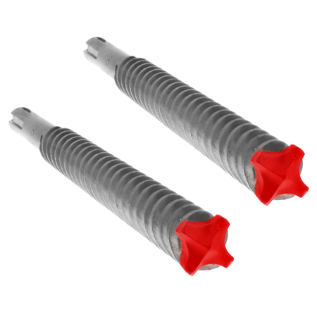 Two SDS-Max hammer drill bits with gray fluted shanks and red four-cutter carbide heads.