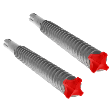 Two SDS-Max hammer drill bits with gray fluted shafts and red four-point carbide cutting heads.