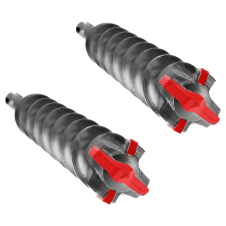 Two black SDS-Max hammer drill bits with red carbide-tipped cutting heads and spiral flutes along the shafts.