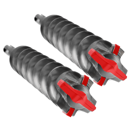 Two SDS-Max hammer drill bits with spiral flutes and red carbide-tipped cutters on black shafts.