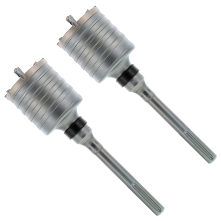 Two SDS-Max carbide tipped core bits with cylindrical cutting heads and fluted metal shanks.
