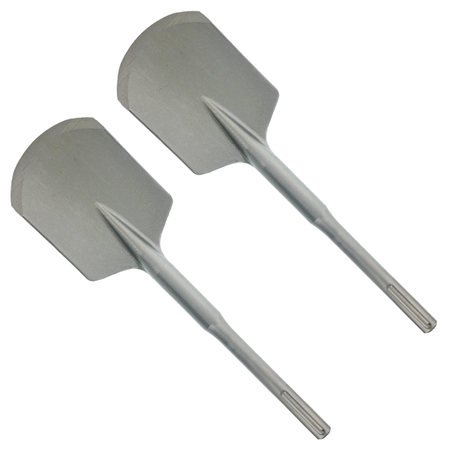 Two gray SDS-Max clay spade chisels with flat, rounded heads and cylindrical shanks.