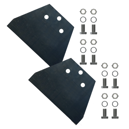 Two black pentagonal scraper blades with mounting holes and accompanying bolts and nuts.
