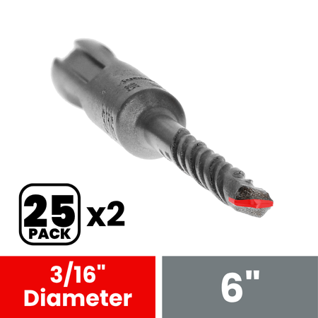 SDS-Plus 2-cutter masonry bit with 3/16 inch diameter and 6 inch length, shown with red cutting tip.