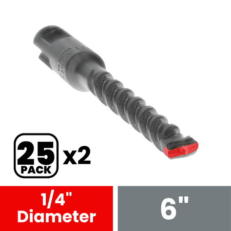 SDS-Plus masonry drill bit with 2-cutter design, 1/4 inch diameter, 6 inch length, shown as 25-pack (2 packs).