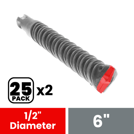 SDS-Plus rotary hammer drill bit with 1/2-inch diameter, 6-inch length, and red end cap shown at angle.