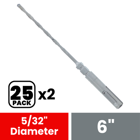 Long gray SDS-Plus hammer drill bit with carbide head, 5/32" diameter, shown with 25-pack quantity badge.