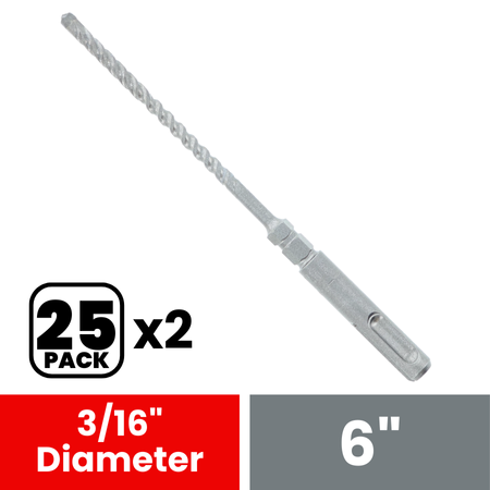 SDS-Plus concrete hammer drill bit with carbide head, 3/16 inch diameter and 6 inch length, shown as 25-pack bundle (2 packs)