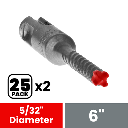 Metal hammer drill bit with SDS-Plus shank, carbide cutting head, and red tip, shown at angle.