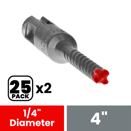 Two gray SDS-Plus hammer drill bits with red carbide tips and grooved black handles, 1/4 inch diameter and 4 inches long.
