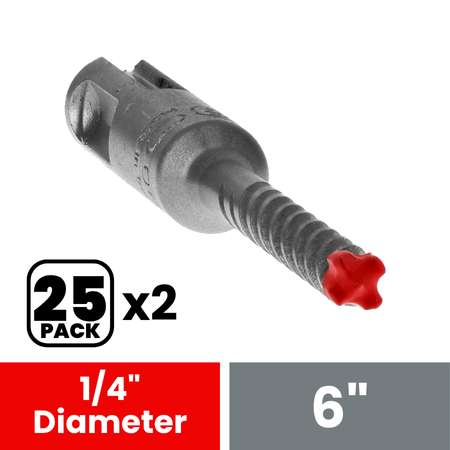 Gray SDS-Plus hammer drill bit with carbide cutting head and red grip end, 1/4 inch diameter, 6 inches long.