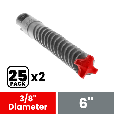 3/8 in. SDS-Plus hammer drill bit with 4-cutter carbide head and spiral flutes, red cutting end visible.