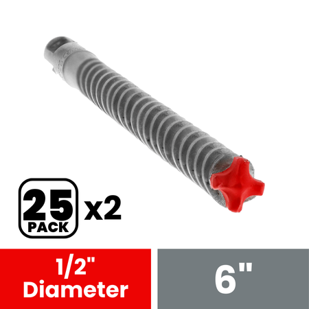 SDS-Plus hammer drill bit with 1/2 in. diameter, ribbed steel shaft, and red 4-cutter carbide head.