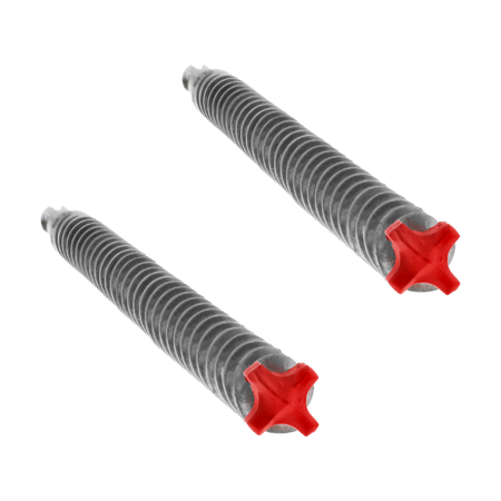 Two gray hammer drill bits with red four-point carbide cutting heads and SDS-Plus shanks.