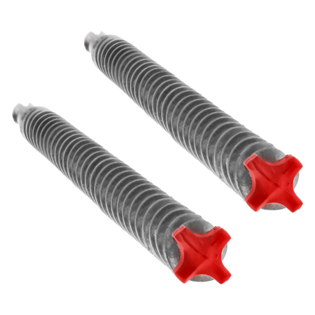 Two SDS-Plus hammer drill bits with gray fluted shafts and red 4-cutter carbide heads.