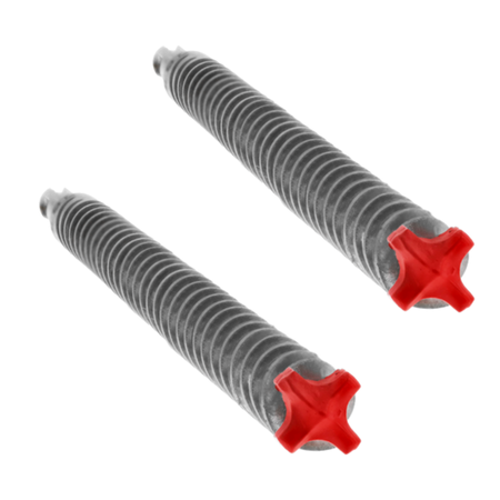 Two hammer drill bits with grooved metal shafts and red four-cutter carbide heads.