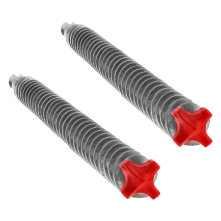 Two SDS-Plus drill bits with threaded steel shafts and red cross-shaped chisels on white background.