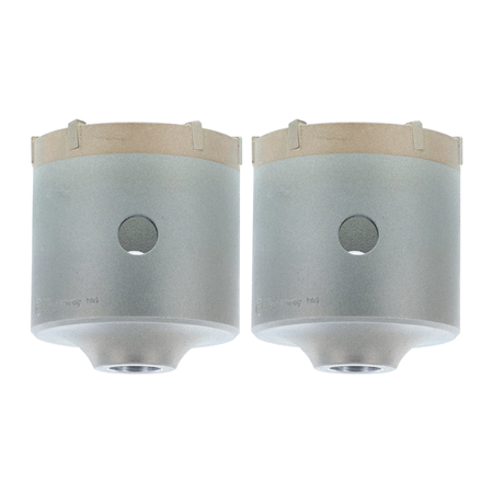 Two cylindrical SDS-Plus carbide-tipped core bits with gray bodies and tan cutting edges.