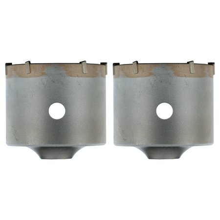 Two cylindrical carbide-tipped core bits with SDS-Plus shanks and tan cutting edges, viewed from above.